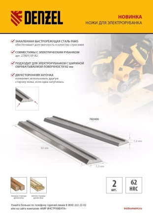 Ножи для эл. рубанка Denzel 782400, Р6М5, 82мм, 2шт купить в Перми