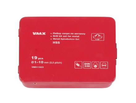 Набор сверл для металла HSS Ф1-10 мм шаг 0,5 мм 19 штук металлический футляр VMX 511623 купить в Перми