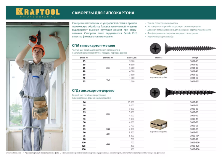 Саморезы СГД гипсокартон-дерево, 75 х 4.2 мм, 1 200 шт, фосфатированные, KRAFTOOL 3005-75 купить в Перми
