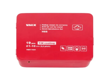 Набор сверл для металла HSS Ф1-10 мм шаг 0,5 мм покрытие TiN 19 штук металлический футляр VMX 511624 купить в Перми
