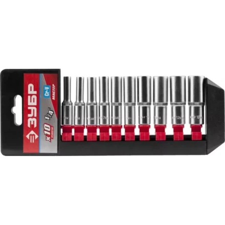 Набор ЗУБР &quot;МАСТЕР&quot;: Торцовые головки (1/4&quot;) удлиненные на пластиковом рельсе, Cr-V, 4-13мм, 10 предметов 27657-H10 купить в Перми
