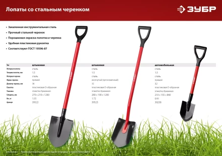 ЗУБР МАСТЕР, 280 х 190 х 1200 мм, полотно 1.5 мм, закалено, стальной изогнутый черенок с рукояткой, штыковая лопата (39523) купить в Перми