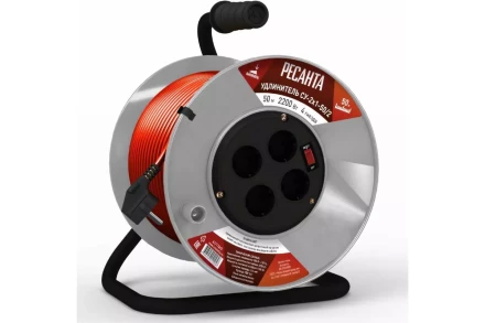 Удлинитель силовой на катушке Ресанта СУ-2х1-50/2 (с выкл., 4 розетки) 61/118/5 купить в Перми