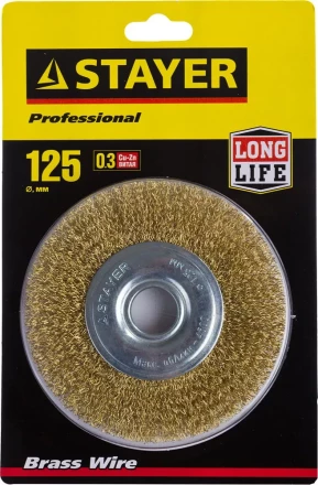 STAYER "PROFESSIONAL". Щетка дисковая для УШМ, витая стальная латунированная проволока 0,3мм, 125ммх22мм 35122-125 купить в Перми