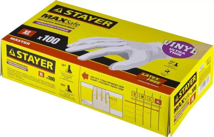 Перчатки STAYER "MASTER" виниловые экстратонкие, XL, 100шт 11207-XL купить в Перми