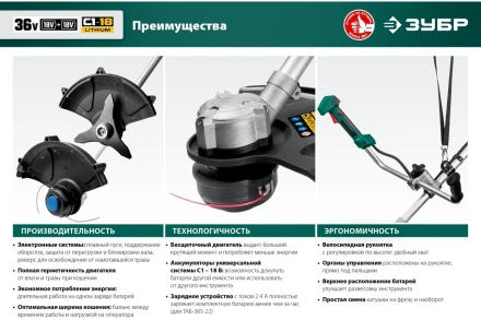 ЗУБР С1-18, 36 В, 35/25.5 см, 2х18 В АКБ (2 А·ч), бесщеточный триммер (ТАБ-365-22) купить в Перми