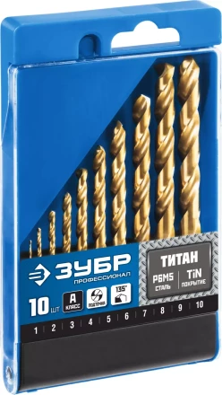 ЗУБР ТИТАН, 10 шт, (1-10 мм), сталь Р6М5, класс А, титановое покрытие, набор сверл по металлу, Профессионал (29615-H10) купить в Перми