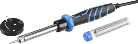 Паяльник ЗУБР &quot;ПРОФЕССИОНАЛ&quot; с двухкомпонентной рукояткой и защитным колпачком в наборе с припоем и подставкой, 60Вт, конус 55402-60_z01 купить в Перми