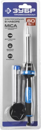Паяльник ЗУБР &quot;ПРОФЕССИОНАЛ&quot; с двухкомпонентной рукояткой и защитным колпачком в наборе с припоем и подставкой, 60Вт, конус 55402-60_z01 купить в Перми