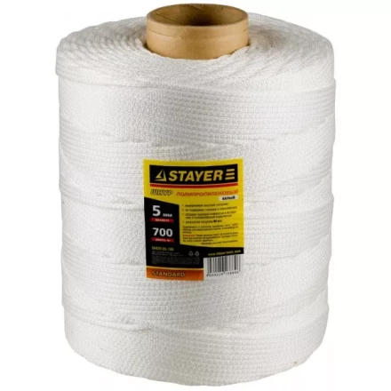 Шнур STAYER &quot;STANDARD&quot; хозяйственно-бытовой, полипропиленовый, вязанный, без сердечника, белый, d 5, катушка 700м 50420-05-700 купить в Перми