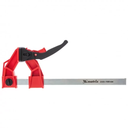 Струбцина реечная быстрозажимная усиленная пластиковый корпус рычажно-храповой механизм 250 х 100 х 401 мм штанга 5 х 22 мм Matrix 20727 купить в Перми