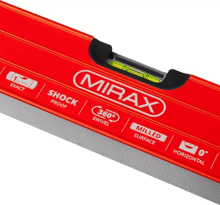 Уровень коробчатый усиленный MIRAX, фрезерованная поверхность, утолщенный профиль, 3 противоударных ампулы (1 поворотная на 360 град), с ручками, 80 см 34603-080 купить в Перми