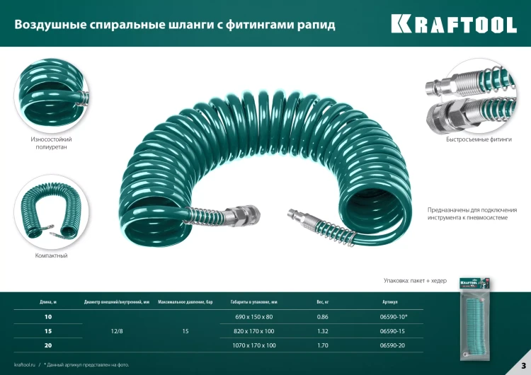 Воздушный спиральный шланг KRAFTOOL с фитингами рапид 8х12 мм 06590-15 купить в Перми
