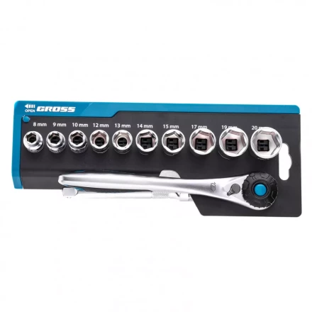 Набор торцевых головок трещотка 120 зубьев 12 предметов 3/8&quot; CrV Gross 14139 купить в Перми