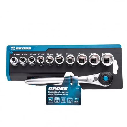 Набор торцевых головок трещотка 120 зубьев 12 предметов 3/8&quot; CrV Gross 14139 купить в Перми