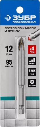 Сверло ЗУБР &quot;ПРОФЕССИОНАЛ&quot; с четырьмя режущими лезвиями  по стеклу и кафелю, d=12мм 29845-12_z01 купить в Перми