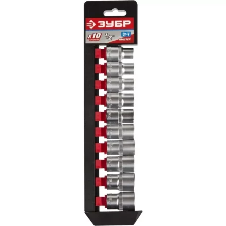 Набор ЗУБР &quot;МАСТЕР&quot;: Торцовые головки (1/2&quot;) на пластиковом рельсе, Cr-V, 10-19мм, 10 предметов 27652-H10 купить в Перми