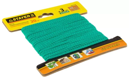 Шнур STAYER &quot;STANDARD&quot; хозяйственно-бытовой, полипропиленовый, вязанный, без сердечника, зеленый, d 3, 20м 50422-03-020 купить в Перми