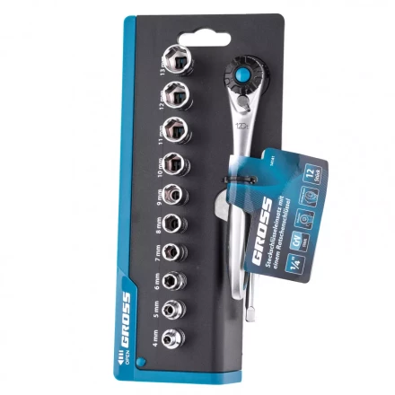 Набор торцевых головок трещотка 120 зубьев 12 предметов 1/4&quot; CrV Gross 14141 купить в Перми