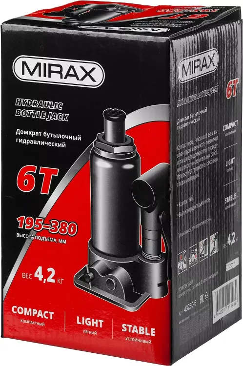 Домкрат гидравлический бутылочный, 6т, 195-380 мм, MIRAX 43260-6 43260-6 купить в Перми