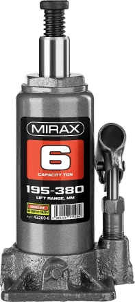 Домкрат гидравлический бутылочный, 6т, 195-380 мм, MIRAX 43260-6 43260-6 купить в Перми