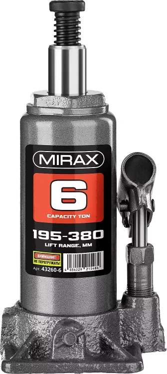 Домкрат гидравлический бутылочный, 6т, 195-380 мм, MIRAX 43260-6 43260-6 купить в Перми
