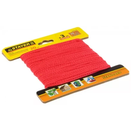 Шнур STAYER &quot;STANDARD&quot; хозяйственно-бытовой, полипропиленовый, вязанный, без сердечника, красный, d 3, 20м 50425-03-020 купить в Перми