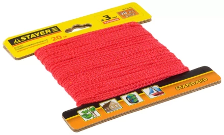 Шнур STAYER &quot;STANDARD&quot; хозяйственно-бытовой, полипропиленовый, вязанный, без сердечника, красный, d 3, 20м 50425-03-020 купить в Перми