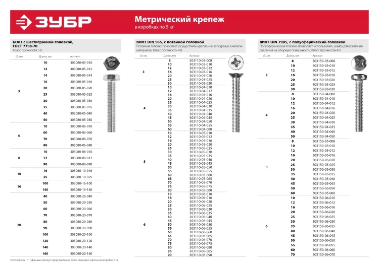 Винт ЗУБР "МАСТЕР" DIN 965, класс прочности 4.8, оцинкованный, M6x85мм, 5кг 303110-06-085 купить в Перми