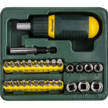 Набор KRAFTOOL Отвертка реверсивная с битами и торцовыми головками, 29 предметов 25556-H29 купить в Перми