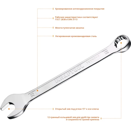 Ключи комбинированные KRAFTOOL, Cr-V, DIN 3113 27079-22 купить в Перми
