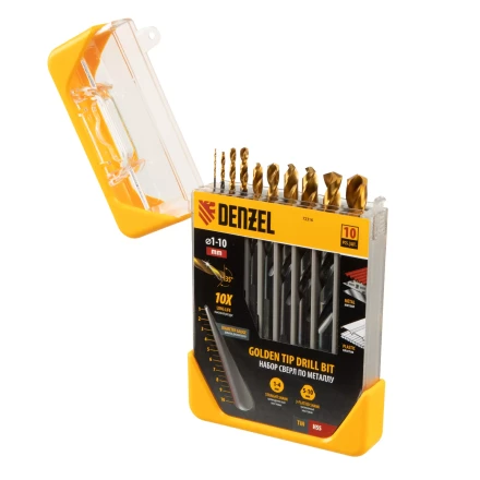 Набор сверл по металлу, 1-10 мм, HSS-Tin, Golden Tip, 10 шт Denzel 72316 купить в Перми