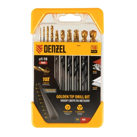 Набор сверл по металлу, 1-10 мм, HSS-Tin, Golden Tip, 10 шт Denzel 72316 купить в Перми