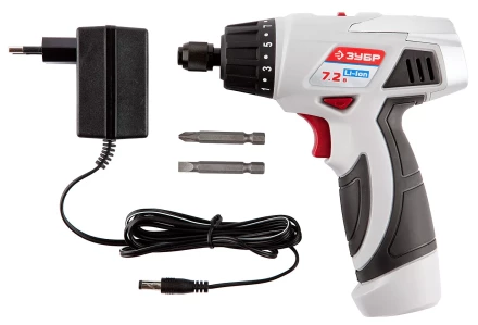 Шуруповерт ЗУБР 2-х скор,Li-Ion,реверс,15+1,зарядка 3-5ч,10мм,0-160 и 0-320об/мин,1,5А/ч,7,2В,набор бит,в блистере ЗДА-7.2-Ли Б купить в Перми