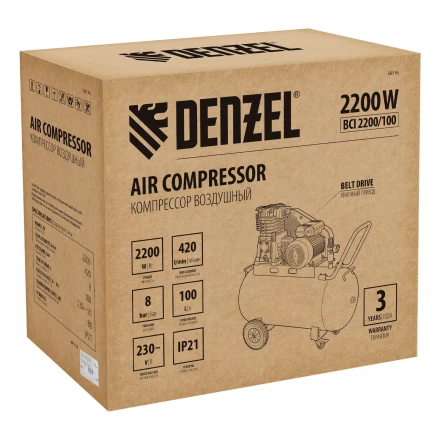 Компрессор воздушный рем. привод Denzel BCI 2200/100, 2,2 кВт, 100 литров, 420 л/мин купить в Перми