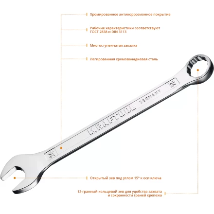 Ключи комбинированные KRAFTOOL, Cr-V, DIN 3113 27079-24 купить в Перми