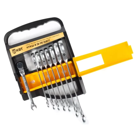 Набор гаечных комбинированных трещоточных ключей с шарниром КВТ НТКШ-8 (8–19 мм), 8 шт. (91951) купить в Перми