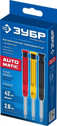 ЗУБР АСК набор: 18 сменных грифелей: 6ч + 6ж + 6к ( d 2,8 мм, HB), 3 автоматических карандаша (06312-H6) купить в Перми