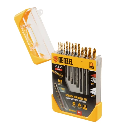 Набор сверл по металлу, 1,5-6,5 мм, HSS-Tin, Golden Tip, 13 шт Denzel 72318 купить в Перми
