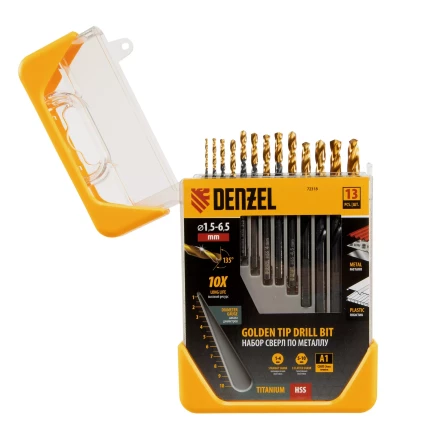 Набор сверл по металлу, 1,5-6,5 мм, HSS-Tin, Golden Tip, 13 шт Denzel 72318 купить в Перми