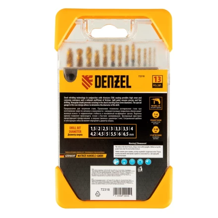 Набор сверл по металлу, 1,5-6,5 мм, HSS-Tin, Golden Tip, 13 шт Denzel 72318 купить в Перми