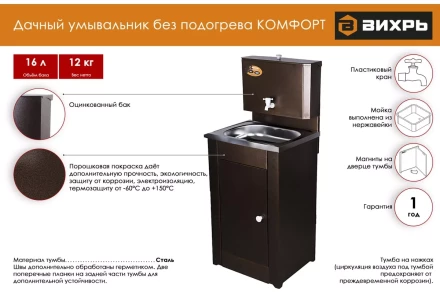 Умывальник дачный &quot;Комфорт&quot; ВИХРЬ без подогрева, нержавейка, медь 74/4/11 купить в Перми