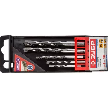 Набор ЗУБР Свёрла &quot;СУПЕР-6&quot; по бетону, ударные, с шестигранным хвостовиком, 4; 5; 6; 8; 10мм, 5шт 2916-H5 купить в Перми