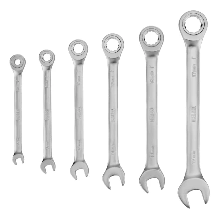 Набор ключей комбинированных трещоточных 6-17 мм, 6 шт., CrV, матовый хром// Denzel 14720 купить в Перми