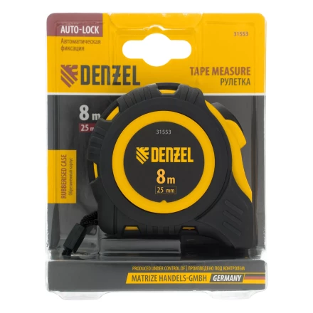 Рулетка Denzel 8м х 25мм, обрезиненный корпус, автоматическая фиксация 31553 купить в Перми
