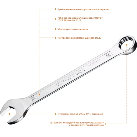 Ключ комбинированный KRAFTOOL, Cr-V, DIN 3113 27079-30 купить в Перми