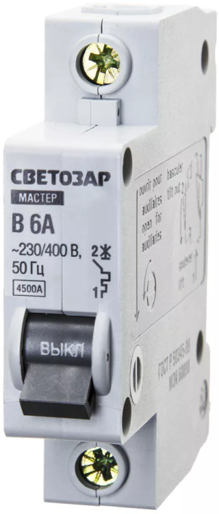 Выключатель СВЕТОЗАР автоматический, 1-полюсный, "B" (тип расцепления), 6 A, 230 / 400 В 49050-06-B купить в Перми