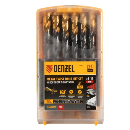 Набор сверл по металлу, 1-13 мм, HSS-Tin, Golden Tip, 25 шт Denzel 72323 купить в Перми