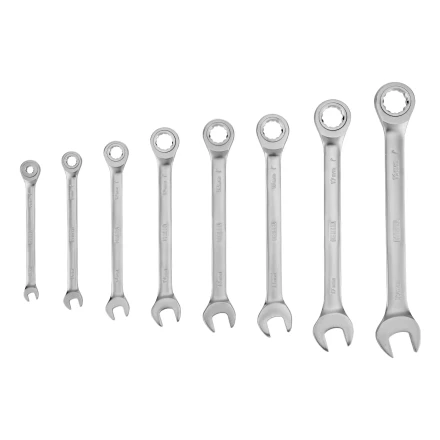 Набор ключей комбинированных трещоточных 6-19 мм, 8 шт., CrV, матовый хром// Denzel 14721 купить в Перми