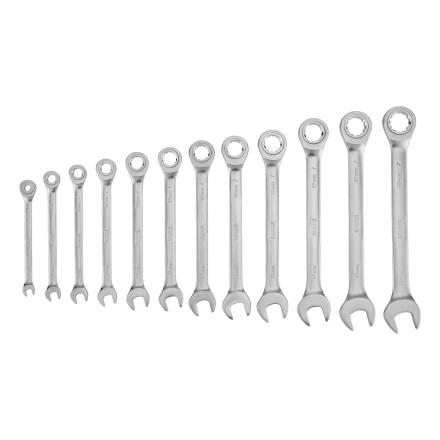 Набор ключей комбинированных трещоточных 6-19 мм, 12 шт., CrV, матовый хром// Denzel 14722 купить в Перми